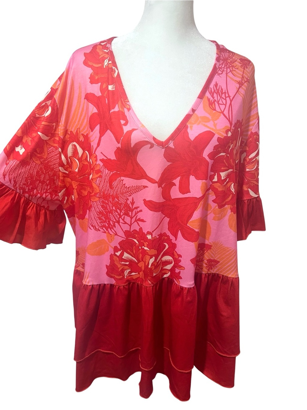 Southern Stitch Boutique Floral Ruffle Tunic Top pink Red Boho Statement Blouse